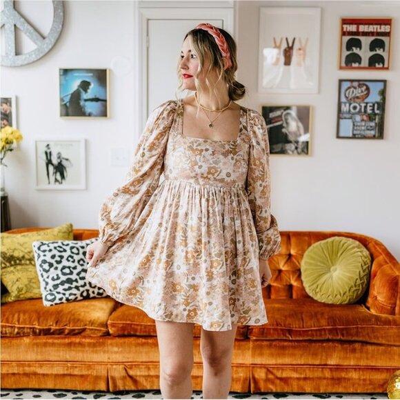 Vada Winter X Maverick Blythe Mini Dress Shimmering Floral Tan/Orange Size S - Picture 1 of 7